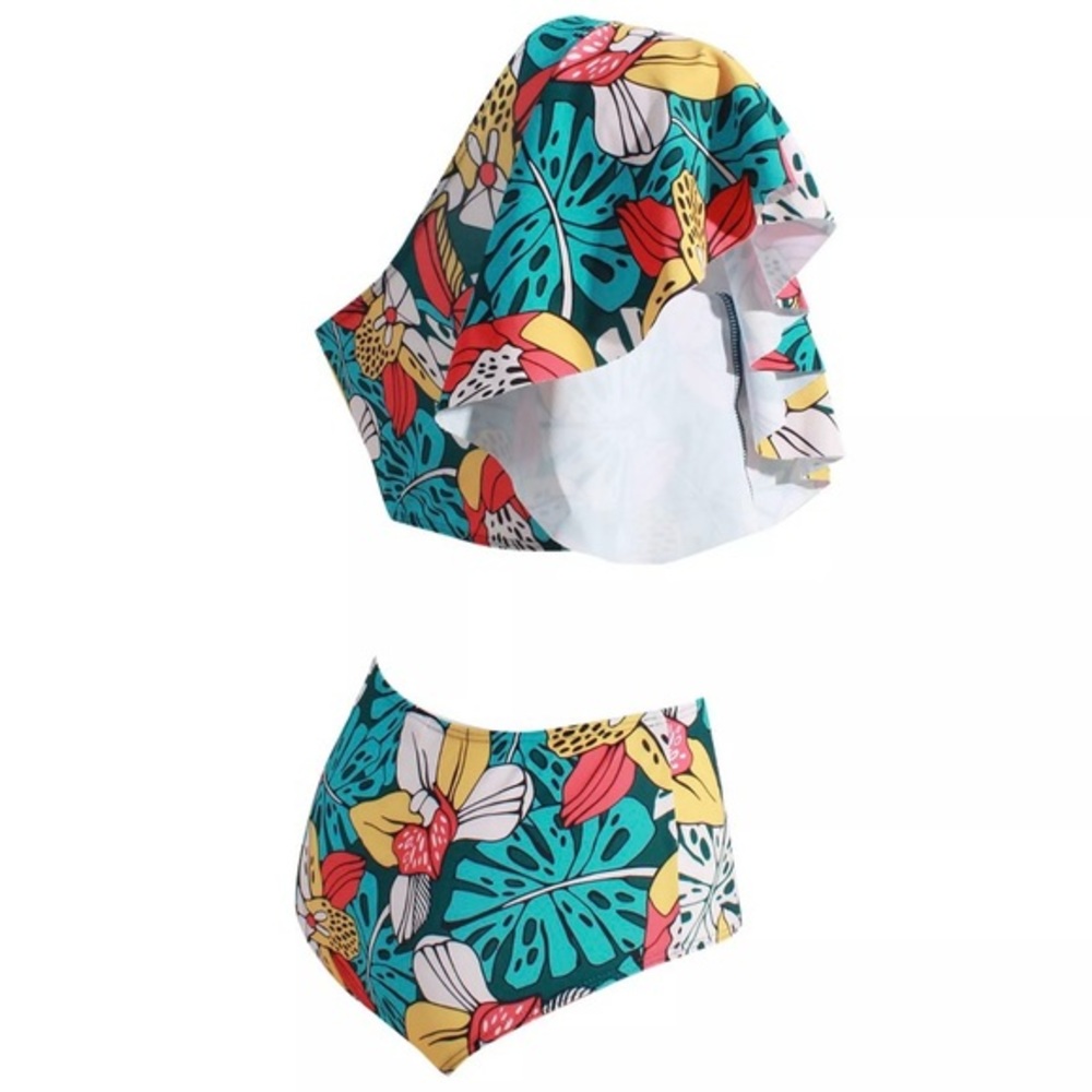 FLORAL PALM LEAVES HIGH WAISTED BIKINI‎ ONE SHOULDER TOP-GREEN, WHITE, YELLOW - Picture 6 of 9